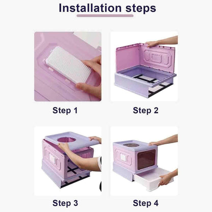 Folding Enclosed Cat Litter Box Foldable Drawer Toilet Anti-Splash Pet Supplies - Blue
