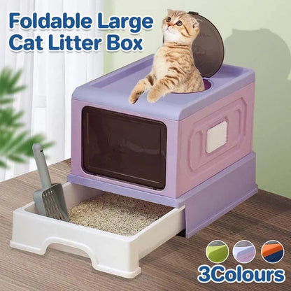 Folding Enclosed Cat Litter Box Foldable Drawer Toilet Anti-Splash Pet Supplies - Blue