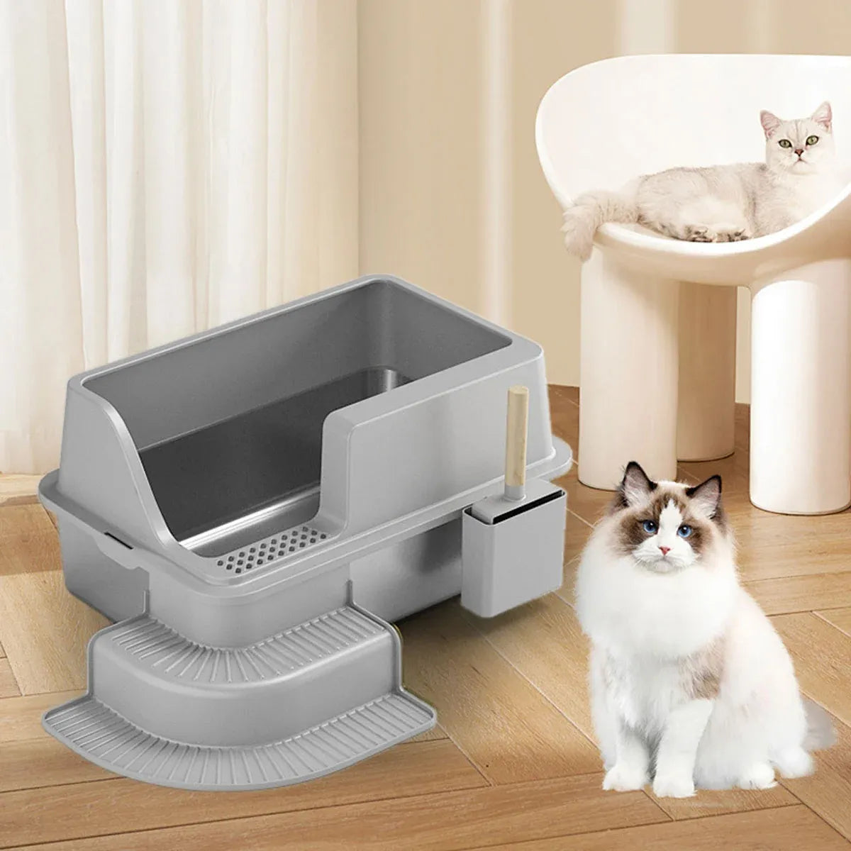 Semi Enclosed Large Stainless Steel Cat Litter Box Durable Easy Clean Cat Toilet
