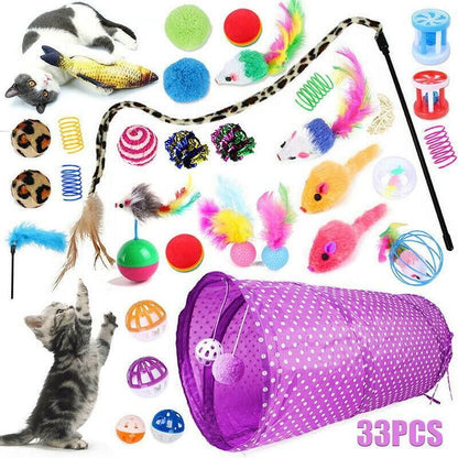 33PCS Cat Toy Set with Tunnel Balls Mice and Interactive Teaser Wands