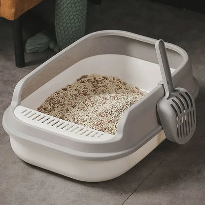 12L Semi Enclosed Large Cat Litter Box with Delivery Shovel Easy Clean Toilet - White-Grey