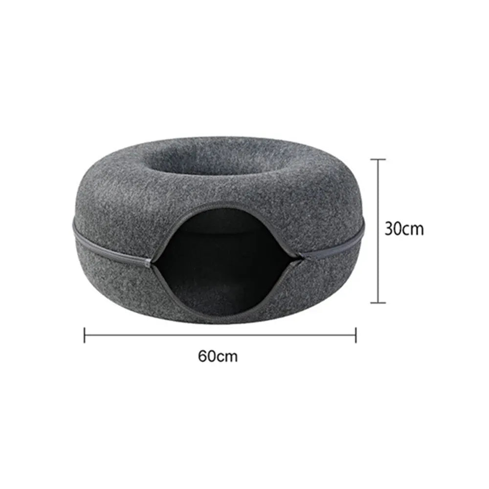 Felt Cat Tunnel Bed Round Donut Cave Nest for Kittens and Small Pets 60x30cm - Dark Grey