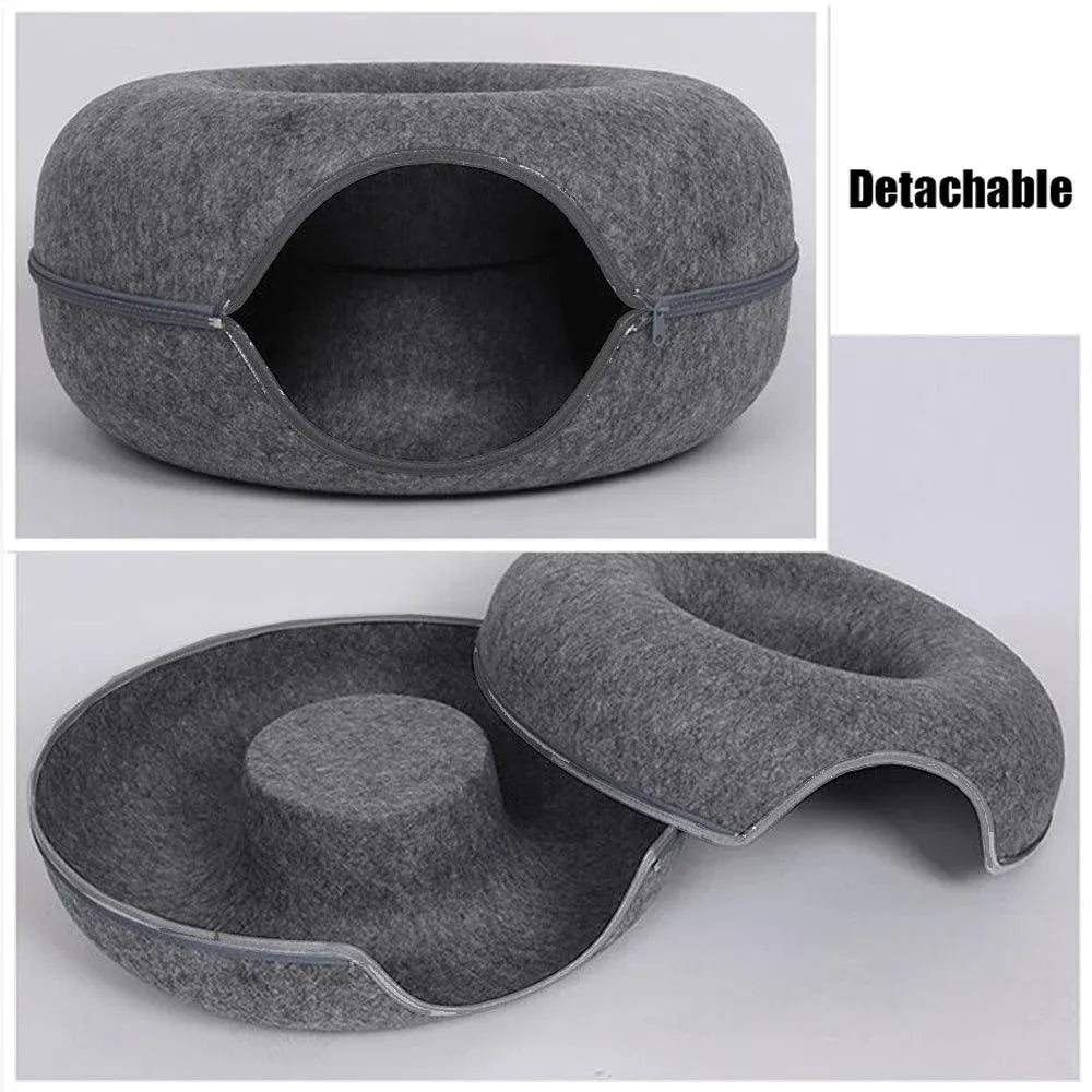 Felt Cat Tunnel Bed Round Donut Cave Nest for Kittens and Small Pets 60x30cm - Dark Grey