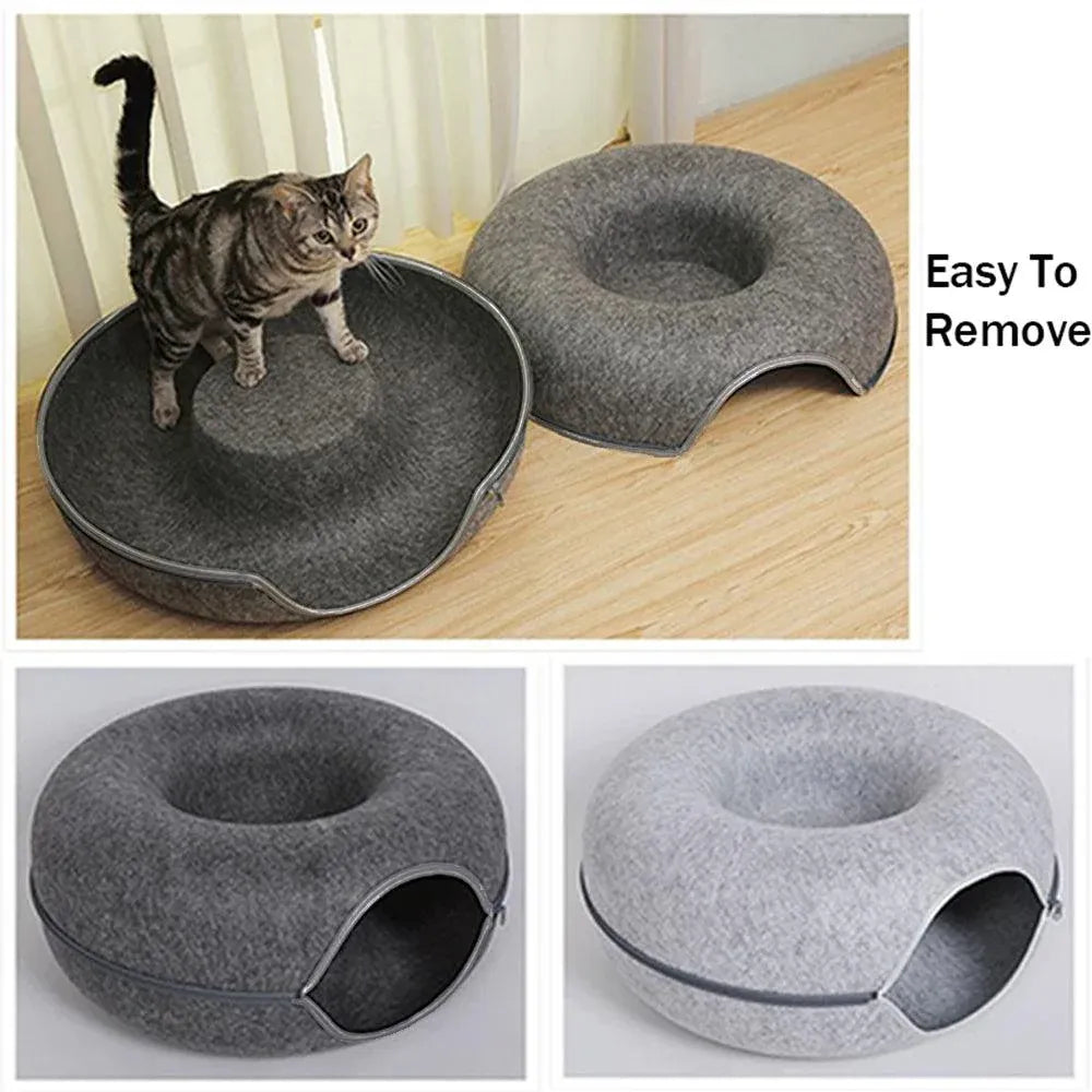 Felt Cat Tunnel Bed Round Donut Cave Nest for Kittens and Small Pets 60x30cm - Dark Grey