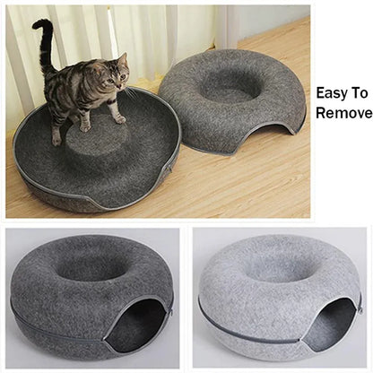 Felt Cat Tunnel Bed Round Donut Cave Nest for Kittens and Small Pets 60x30cm - Dark Grey