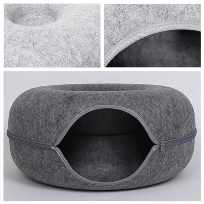 Felt Cat Tunnel Bed Round Donut Cave Nest for Kittens and Small Pets 60x30cm - Dark Grey