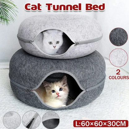 Felt Cat Tunnel Bed Round Donut Cave Nest for Kittens and Small Pets 60x30cm - Light Grey