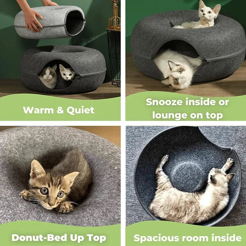 Felt Cat Tunnel Bed Round Donut Cave Nest for Kittens and Small Pets 60x30cm - Light Grey