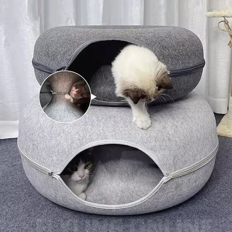 Felt Cat Tunnel Bed Round Donut Cave Nest for Kittens and Small Pets 60x30cm - Light Grey
