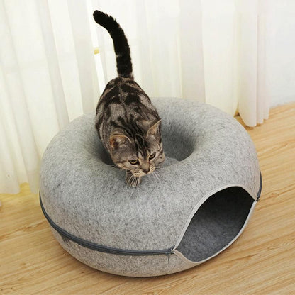 Felt Cat Tunnel Bed Round Donut Cave Nest for Kittens and Small Pets 60x30cm - Light Grey
