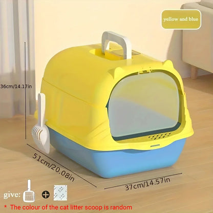 Enclosed Cat Litter Box Lid Scoop Splash Proof Lift Top Removable Toilet Tray - Blue Yellow