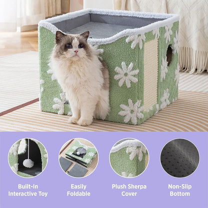 Cat Bed Foldable Double Layer Upper Lower Pet House Sleeping Nest Cushion - Blue
