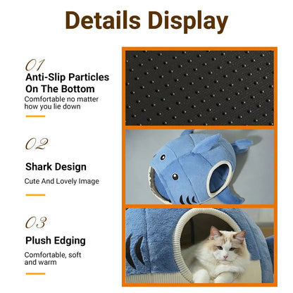 Pet Bed Shark Shape Soft Warm Cave Nest Cat Dog Indoor Winter Sleeping House