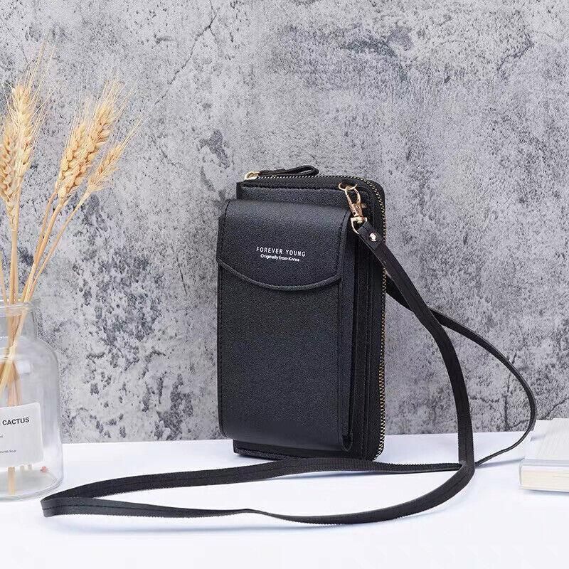 Women Pouch Bag Mobile Phone Bag Pu Leather Crossbody Purse Wallet Shoulder Bag - Black