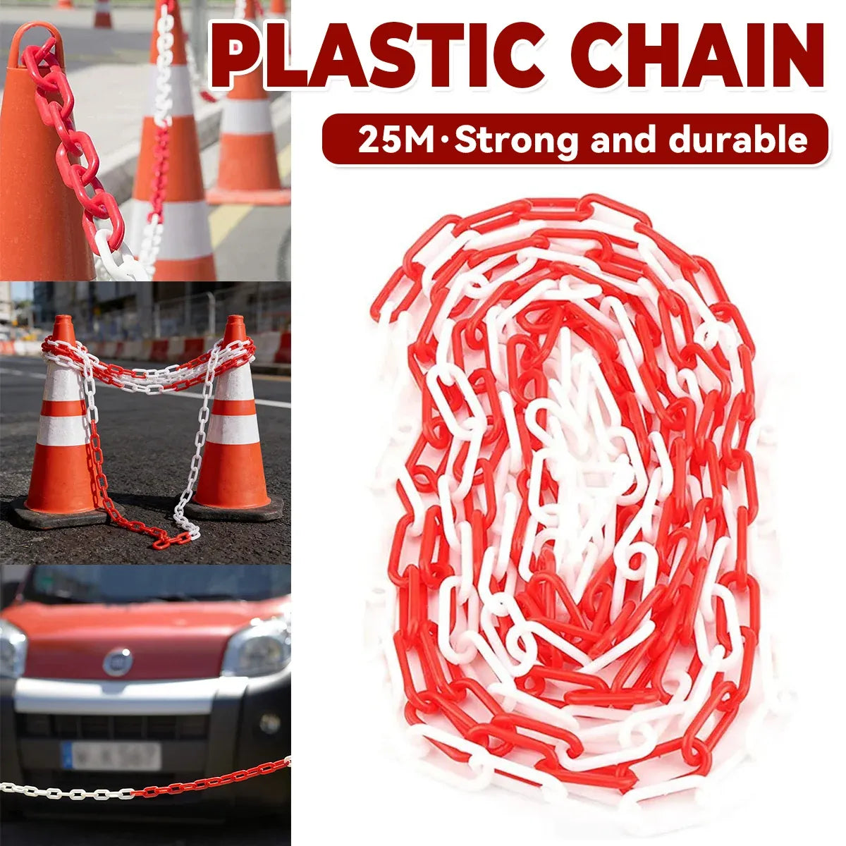 Plastic Warning Barrier Chain 25m Red White - Temporary Construction Use