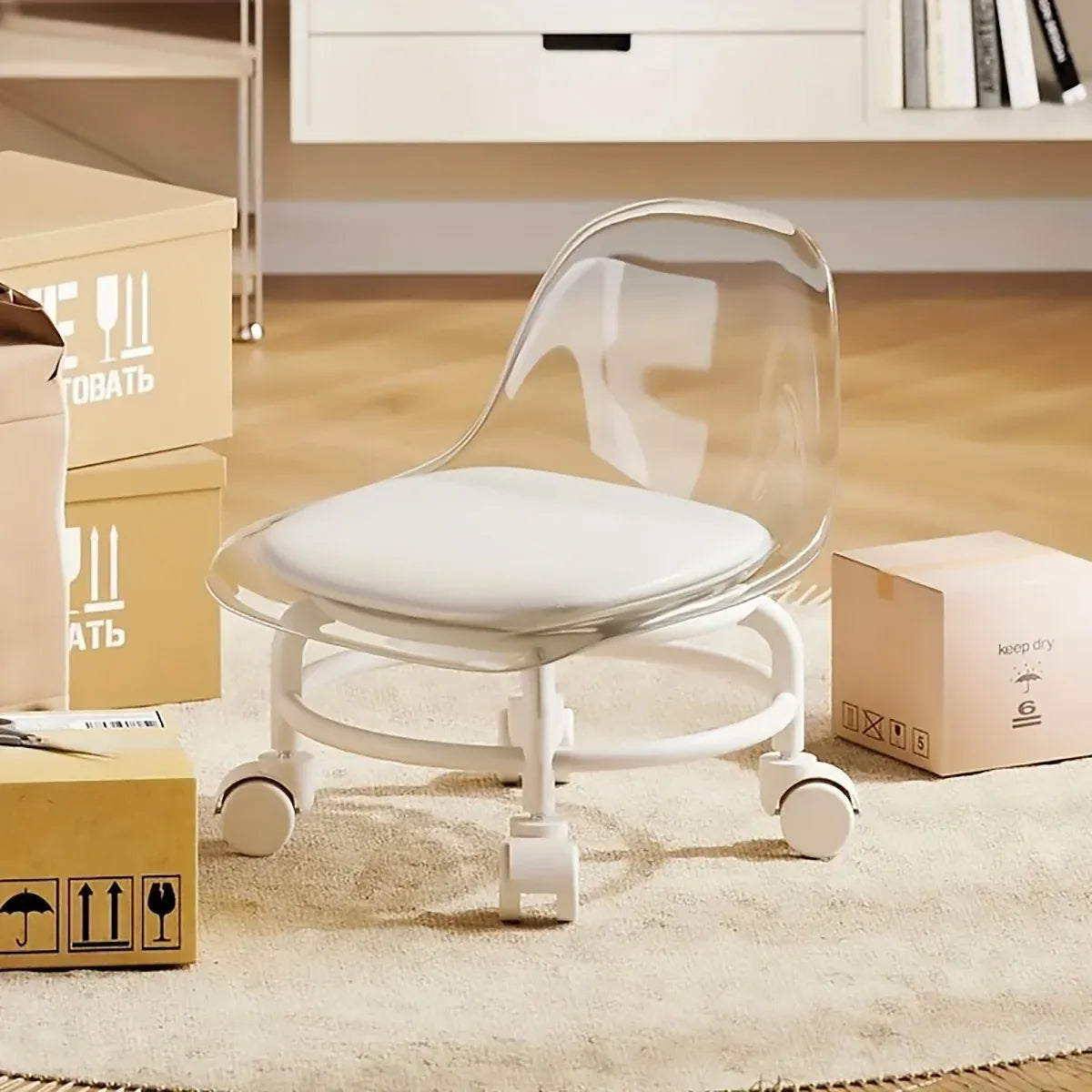Stool with Universal Wheels Pulley Short Stool with Backrest Comfortable Seat - Pink