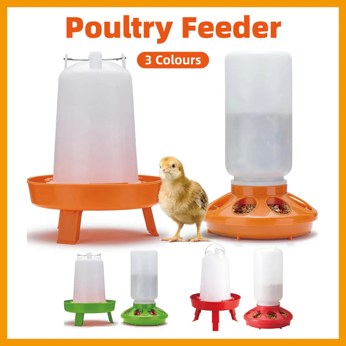 Chicken Feeder Waterer Set Poultry Kettle With Feed Bucket Farm Coop Feeding Use - Orange