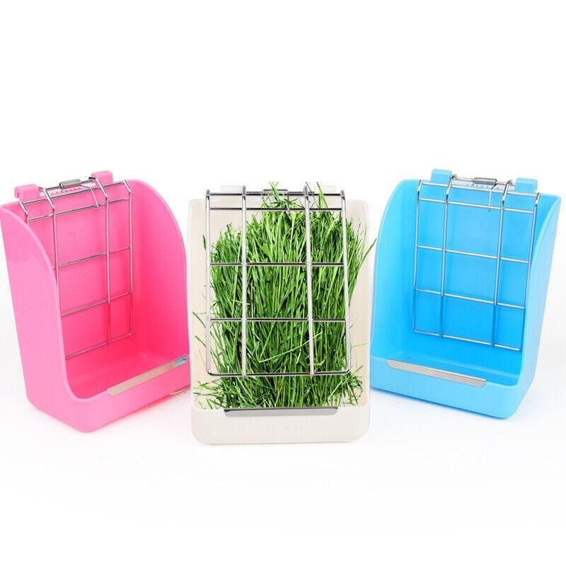Pet Rabbit Hay Feeder Small Animal Hamster Pig Less Wast Hay Rack Corner Plastic - Pink