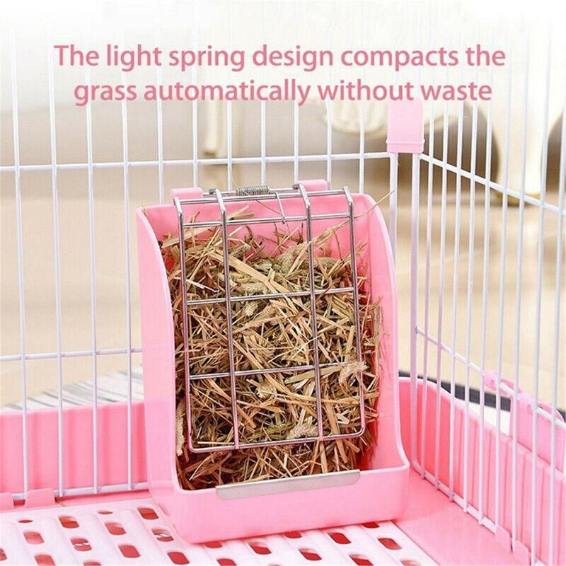 Pet Rabbit Hay Feeder Small Animal Hamster Pig Less Wast Hay Rack Corner Plastic - Pink