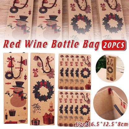 20PCS Christmas Wine Bottle Gift Bags Kraft Paper Red Wine Bag Holiday Set - Christmas Wreath