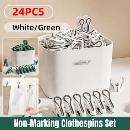 24pcs Clothes Pegs with Storage Basket Laundry Sock Clips Non Slip Drying Hanger - White