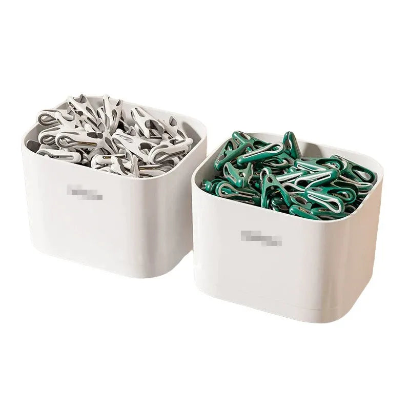 24pcs Clothes Pegs with Storage Basket Laundry Sock Clips Non Slip Drying Hanger - White