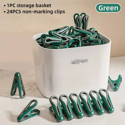24pcs Clothes Pegs with Storage Basket Laundry Sock Clips Non Slip Drying Hanger - White