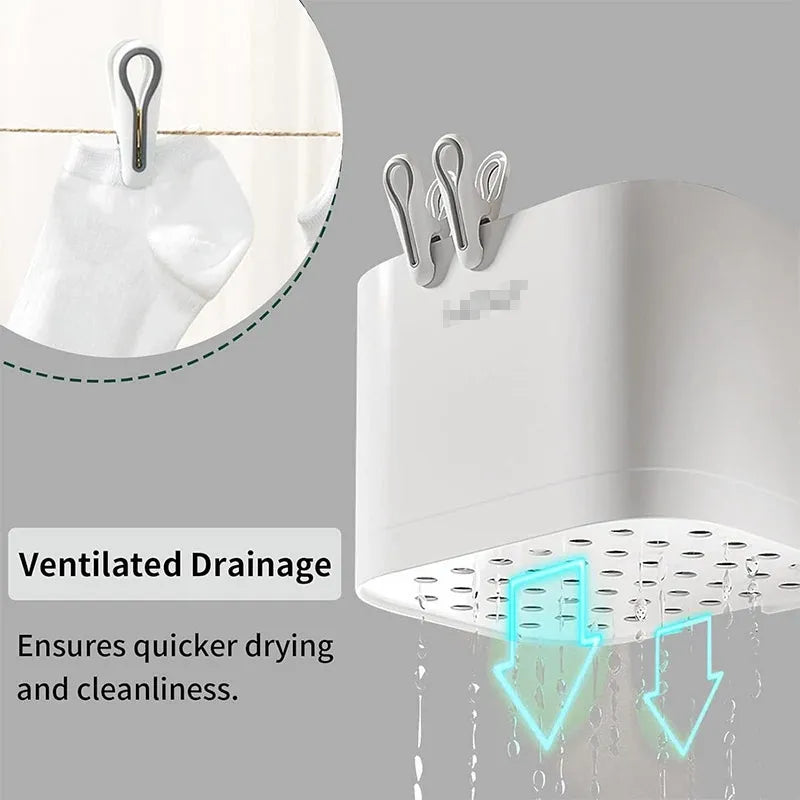 24pcs Clothes Pegs with Storage Basket Laundry Sock Clips Non Slip Drying Hanger - White