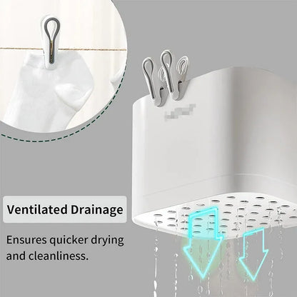 24pcs Clothes Pegs with Storage Basket Laundry Sock Clips Non Slip Drying Hanger - White