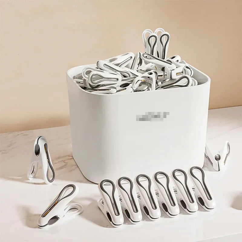 24pcs Clothes Pegs with Storage Basket Laundry Sock Clips Non Slip Drying Hanger - White