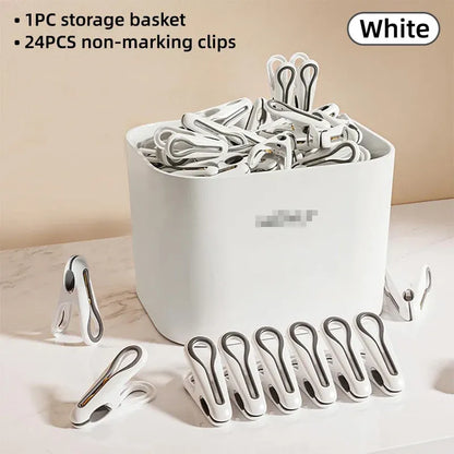 24pcs Clothes Pegs with Storage Basket Laundry Sock Clips Non Slip Drying Hanger - White