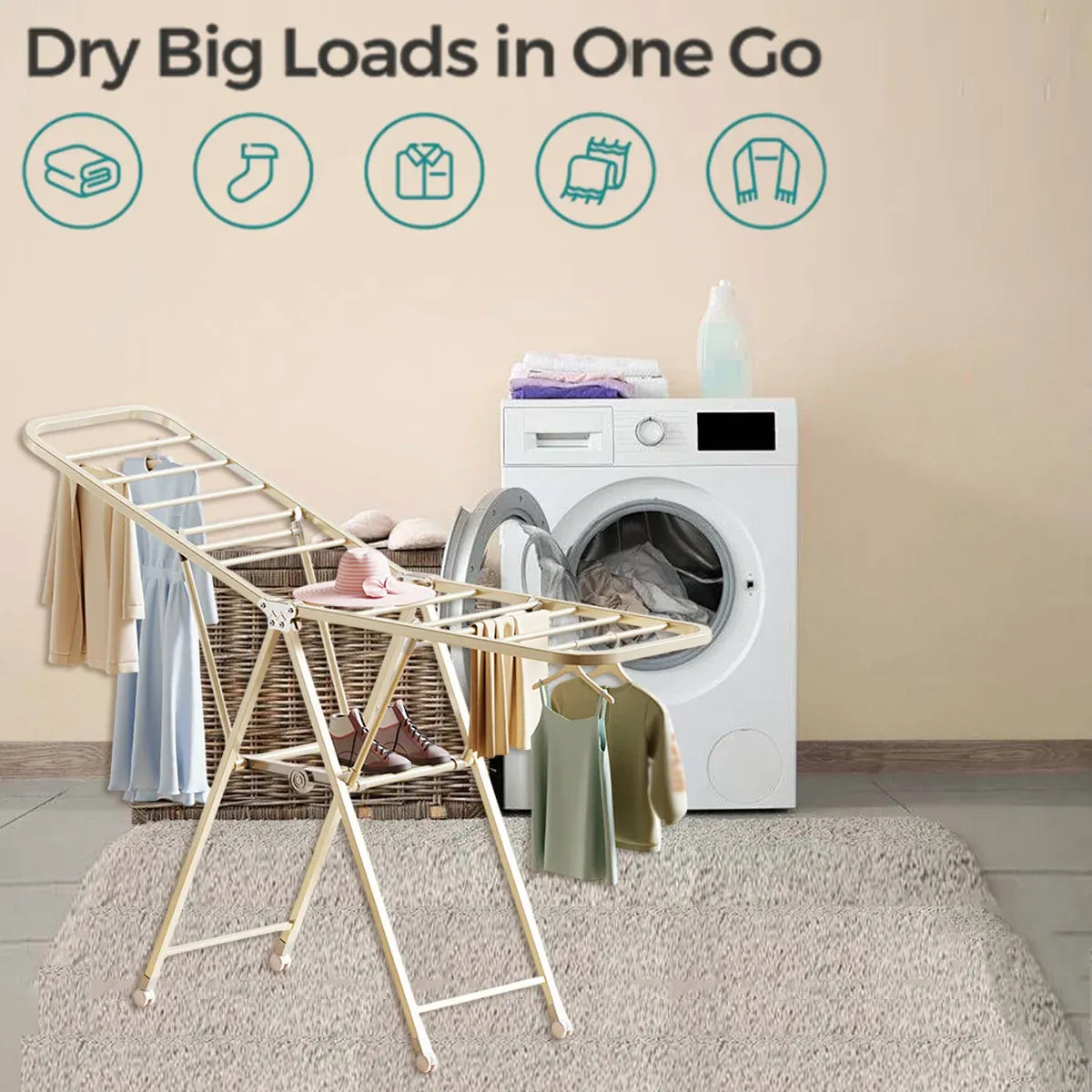 Freestanding Foldable Clothes Airer with Wheels Portable Drying Rack