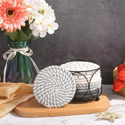 8PCS Round Cotton Woven Coaster Heat Resistant Thick Insulation Dining Table Mat - Mixed