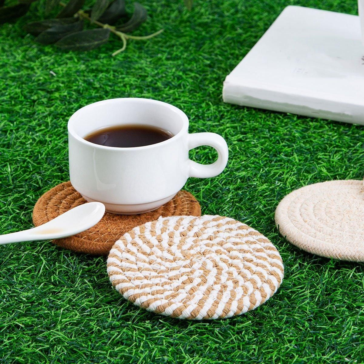 8PCS Round Cotton Woven Coaster Heat Resistant Thick Insulation Dining Table Mat - Mixed
