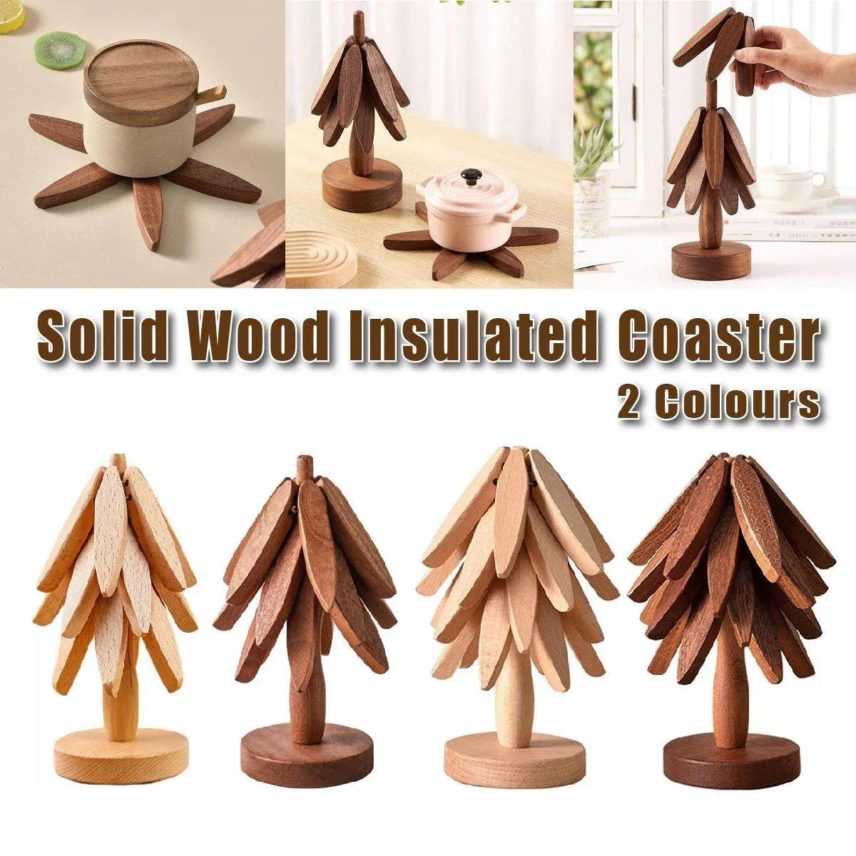 Solid Wooden Trivet for Hot Dish Walnut Christmas Tree Table Heat-Resistant Mat - Brown-3pcs