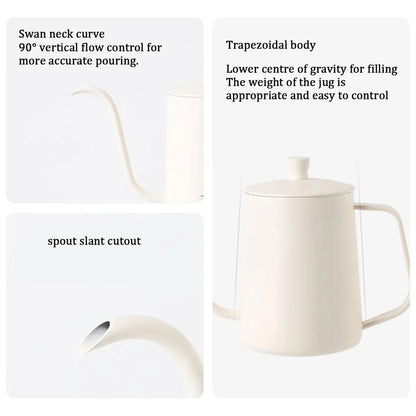 Hand Drip Coffee Pot Stainless Steel Fine Spout Hanging Ear Filter Cup Kettle - Silver