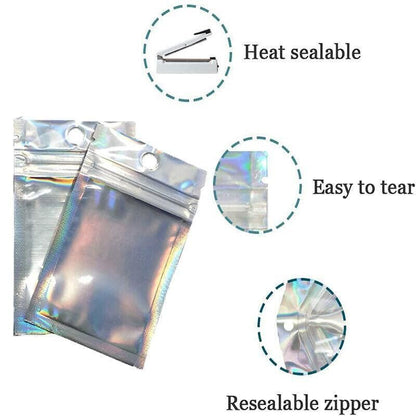 100/200X Iridescent Zip Bags for Food Storage & Holographic Makeup Pouch - 14*20cm 200PCS