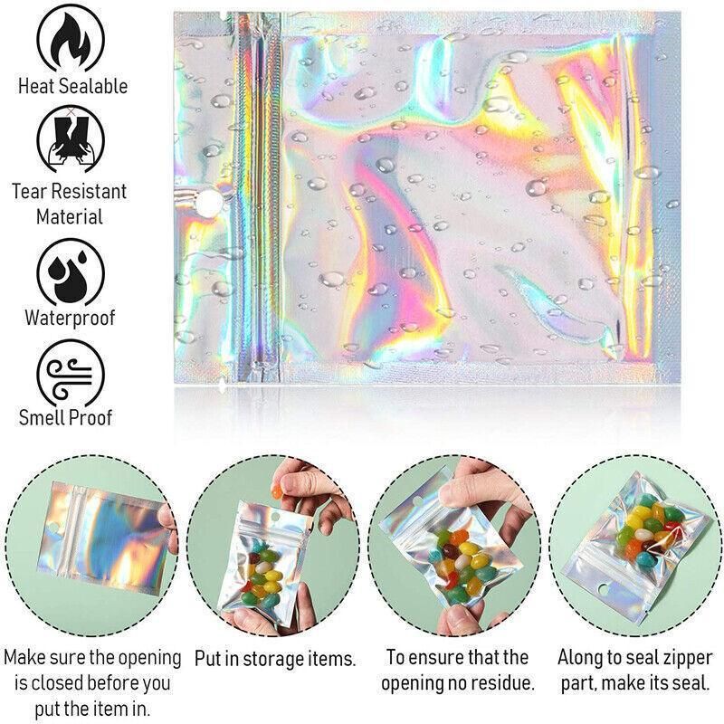 100/200X Iridescent Zip Bags for Food Storage & Holographic Makeup Pouch - 14*20cm 200PCS