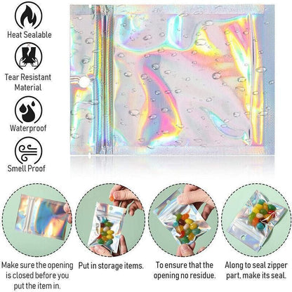 100/200X Iridescent Zip Bags for Food Storage & Holographic Makeup Pouch - 14*20cm 200PCS