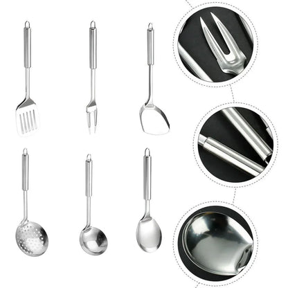 6PCS Stainless Steel Kitchen Utensil Set with Frying Spatula Colander and Spoon