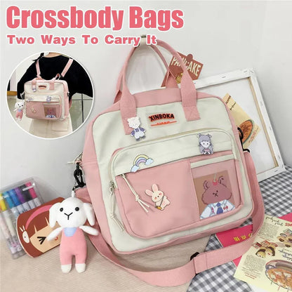 Kawaii Crossbody School Bag for Girls Large Capacity Kawaii Bag With Kawaii Pin