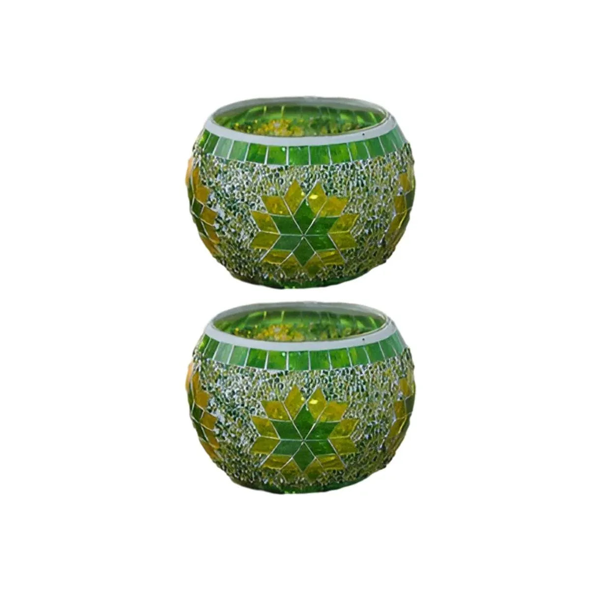2Pcs European Style Colourful Mosaic Glass Candle Holder Cup Tabletop Decor - Green