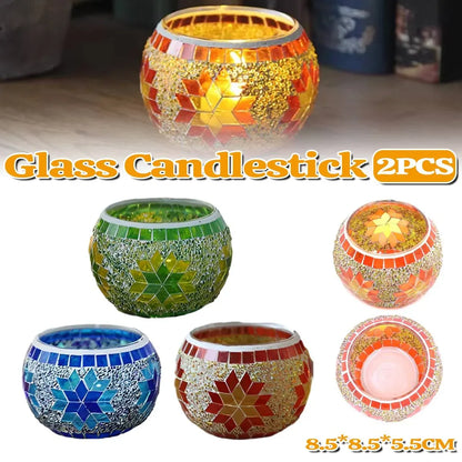 2Pcs European Style Colourful Mosaic Glass Candle Holder Cup Tabletop Decor - Green