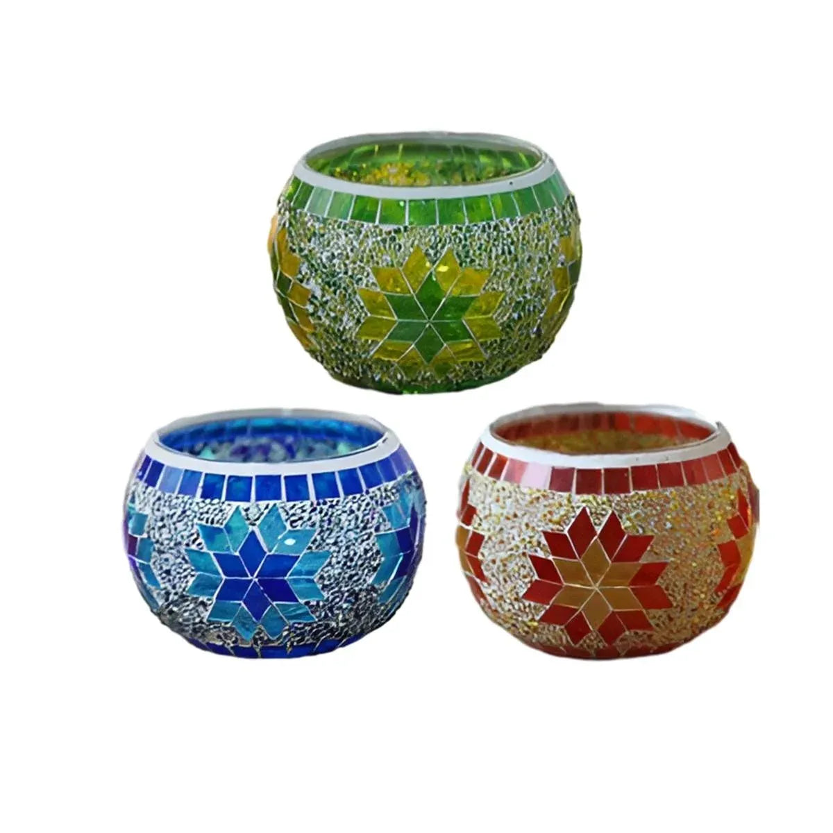 2Pcs European Style Colourful Mosaic Glass Candle Holder Cup Tabletop Decor - Green