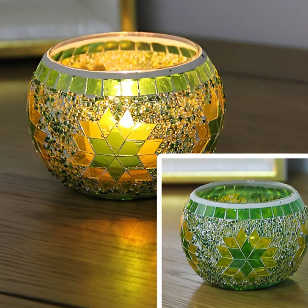 2Pcs European Style Colourful Mosaic Glass Candle Holder Cup Tabletop Decor - Green