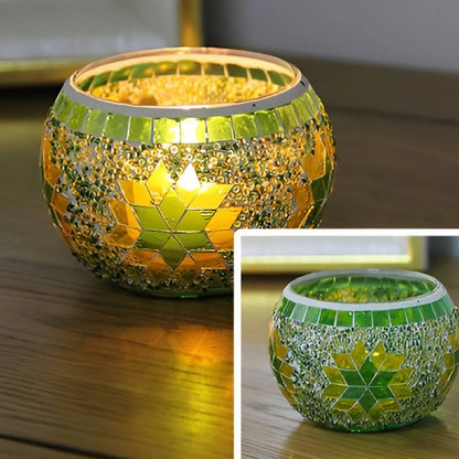 2Pcs European Style Colourful Mosaic Glass Candle Holder Cup Tabletop Decor - Green