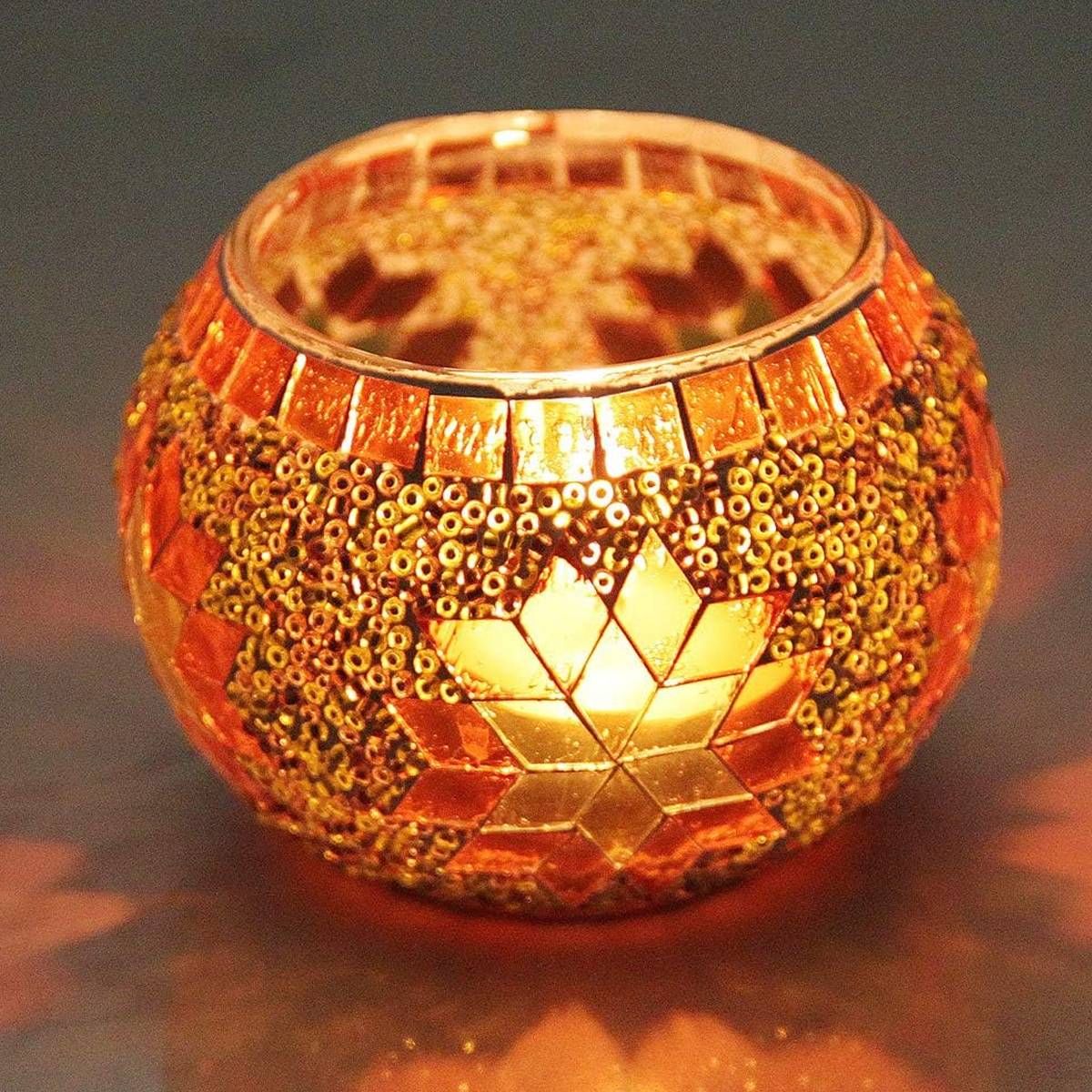 2Pcs European Style Colourful Mosaic Glass Candle Holder Cup Tabletop Decor - Green