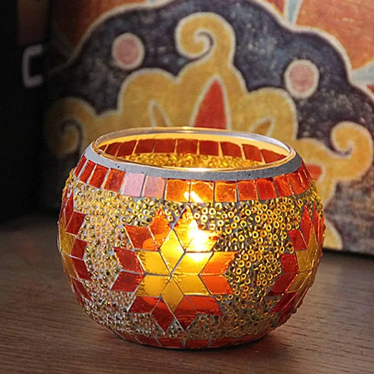 2Pcs European Style Colourful Mosaic Glass Candle Holder Cup Tabletop Decor - Green