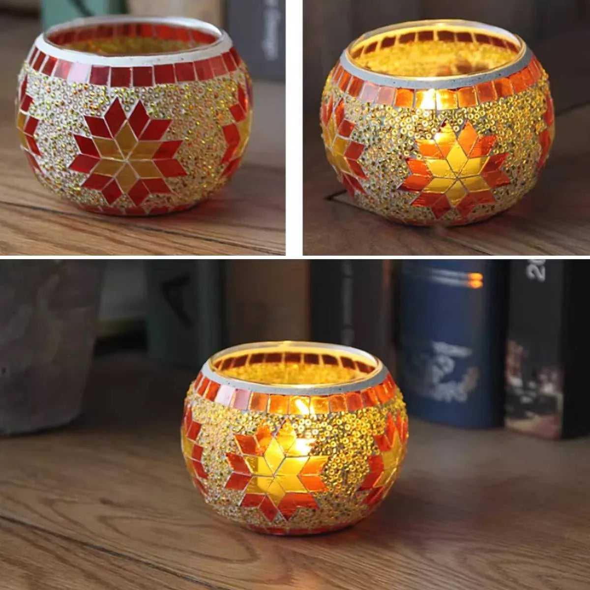 2Pcs European Style Colourful Mosaic Glass Candle Holder Cup Tabletop Decor - Green