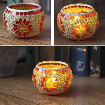 2Pcs European Style Colourful Mosaic Glass Candle Holder Cup Tabletop Decor - Green
